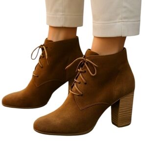 Leila Stone rabbit fur lined brown suede Vegan tan lace up heeled boots. Size 8